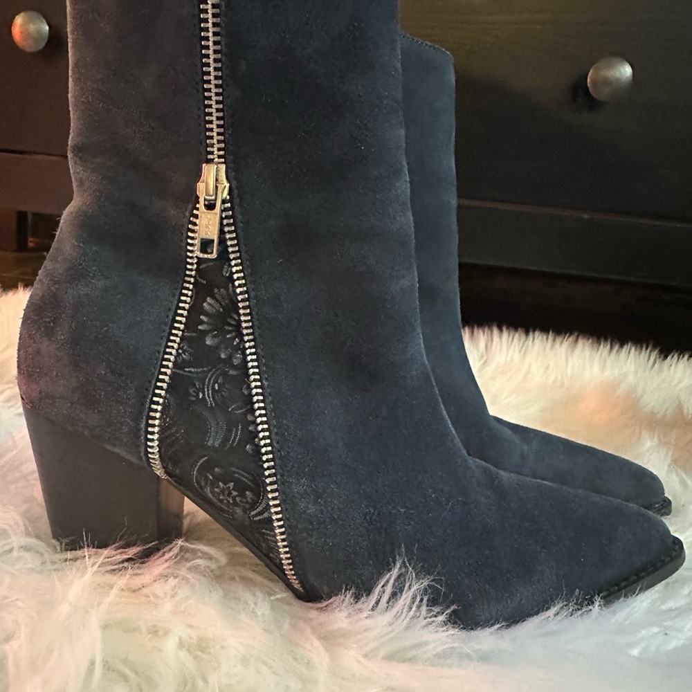 Bos. & Co. Tallon Navy Pointed Toe Suede Heeled Boots with Zipper Detail